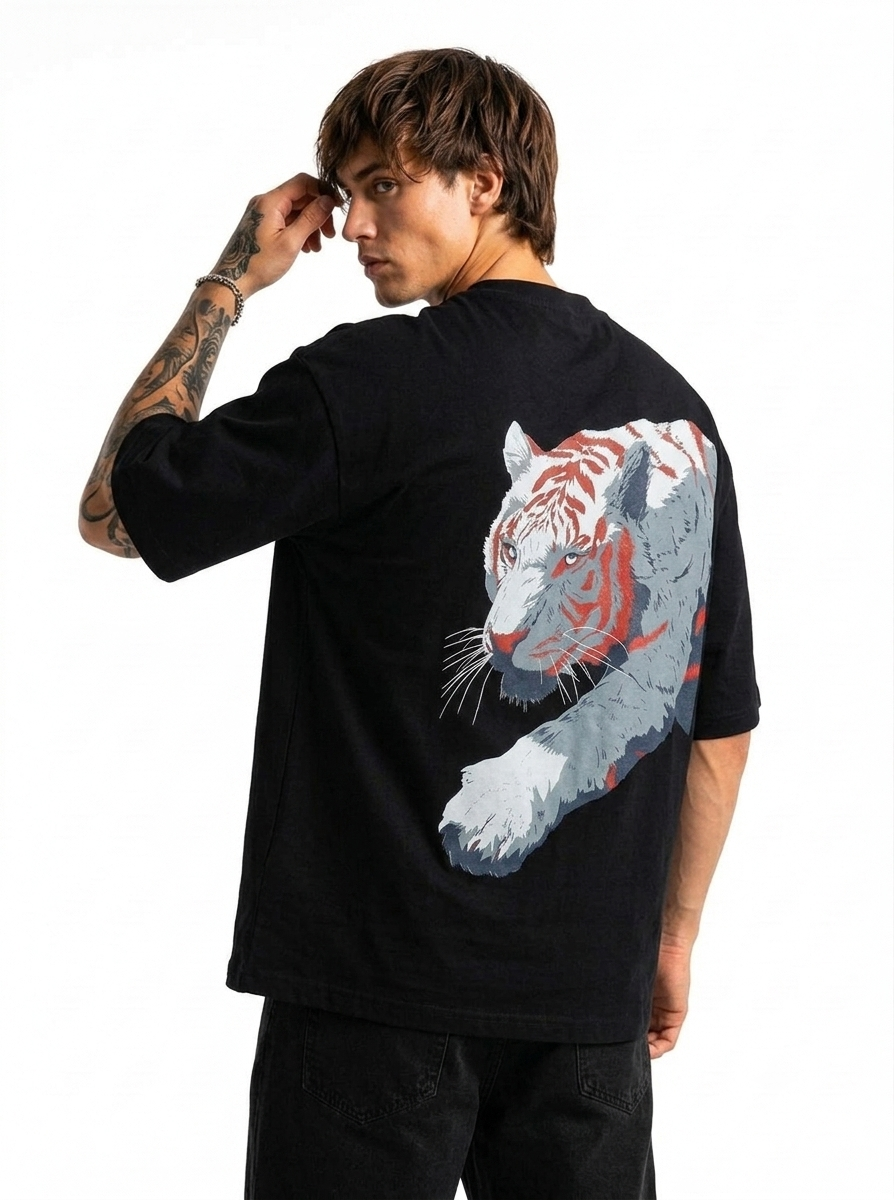 Thenixa Oversized White Tiger Graphic Print Black T-Shirt (Drop Shoulder)