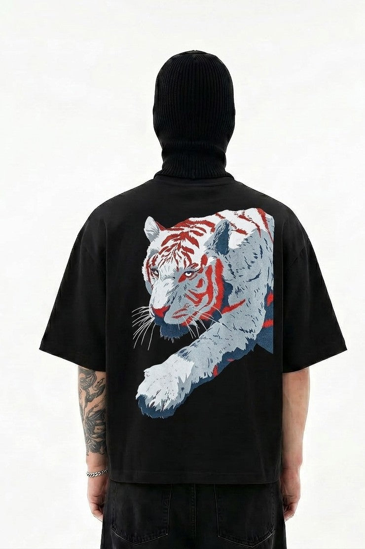 Thenixa Oversized White Tiger Graphic Print Black T-Shirt (Drop Shoulder)