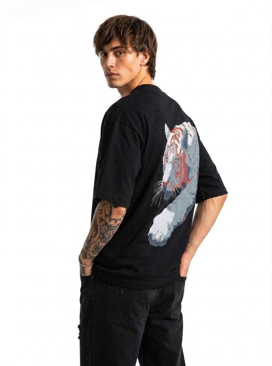 Thenixa Oversized White Tiger Graphic Print Black T-Shirt (Drop Shoulder)