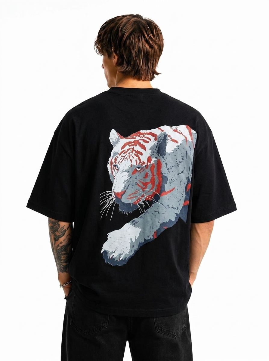 Thenixa Oversized White Tiger Graphic Print Black T-Shirt (Drop Shoulder)